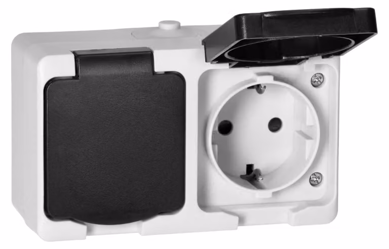 Presa multipla doppia, 2X2P+T, Schuko, grado di protezione IP54, bianco-nero