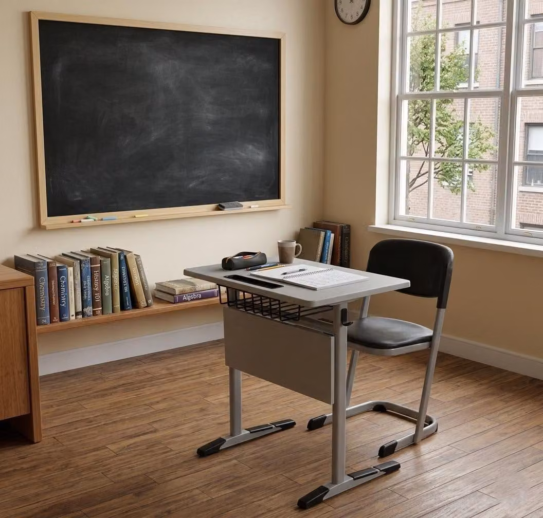 Set scolastico moderno ed ergonomico, grigio: banco da scuola nero e sedia, tavolo singolo