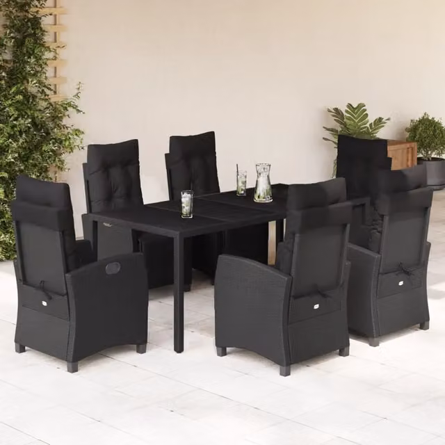 Set da pranzo da giardino vidaXL in polyrattan nero con cuscini e tavolo in vetro, 7 pezzi