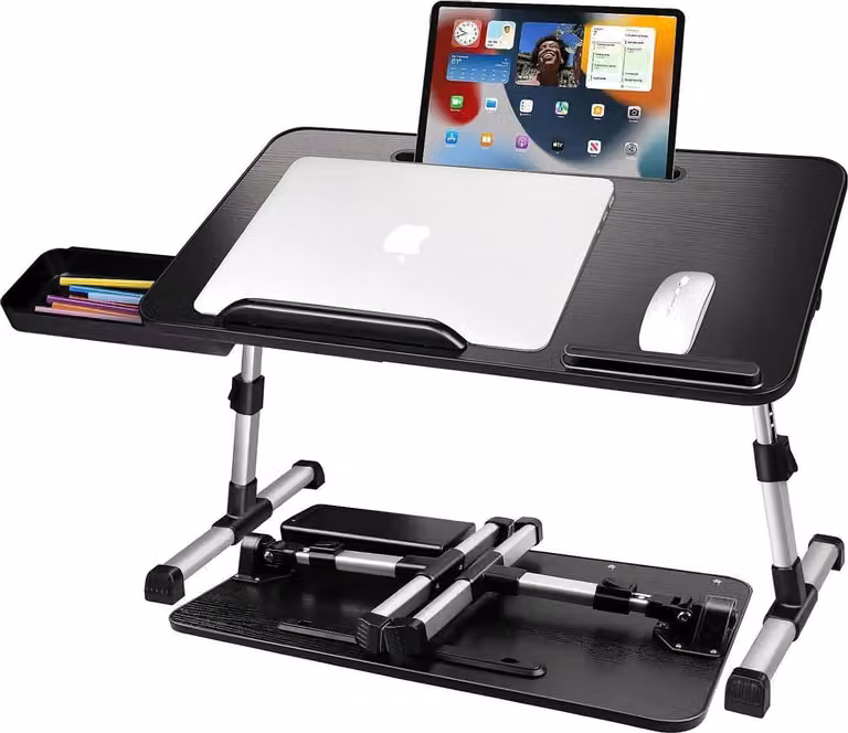 Comodino regolabile in altezza con cassetto e supporto per tablet, nero