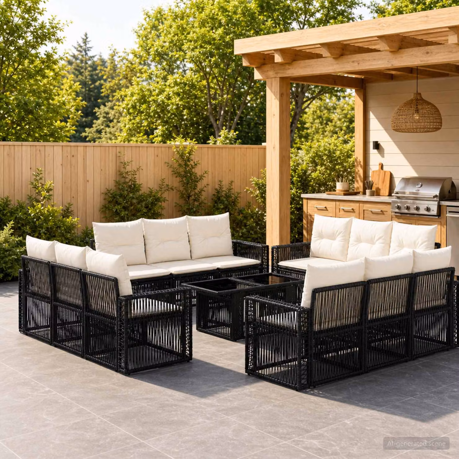 Set Divano da Giardino Moderno vidaXL in Polyrattan Nero e Bianco con Cuscini e Tavolino a Forma di U