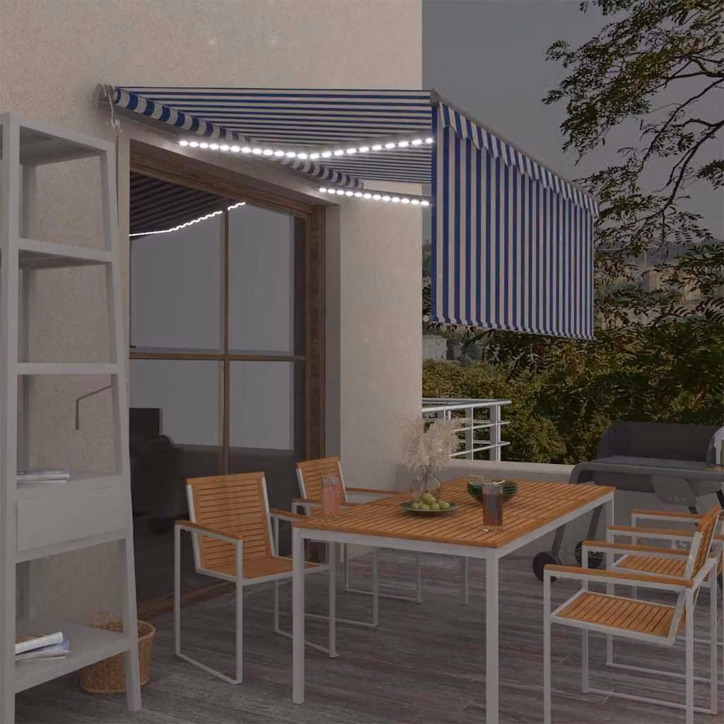 vidaXL Tenda Parasole Automatica con LED, Sensore del Vento e Telecomando, Blu, Bianco e Antracite, L: 300 cm, P: 250 cm