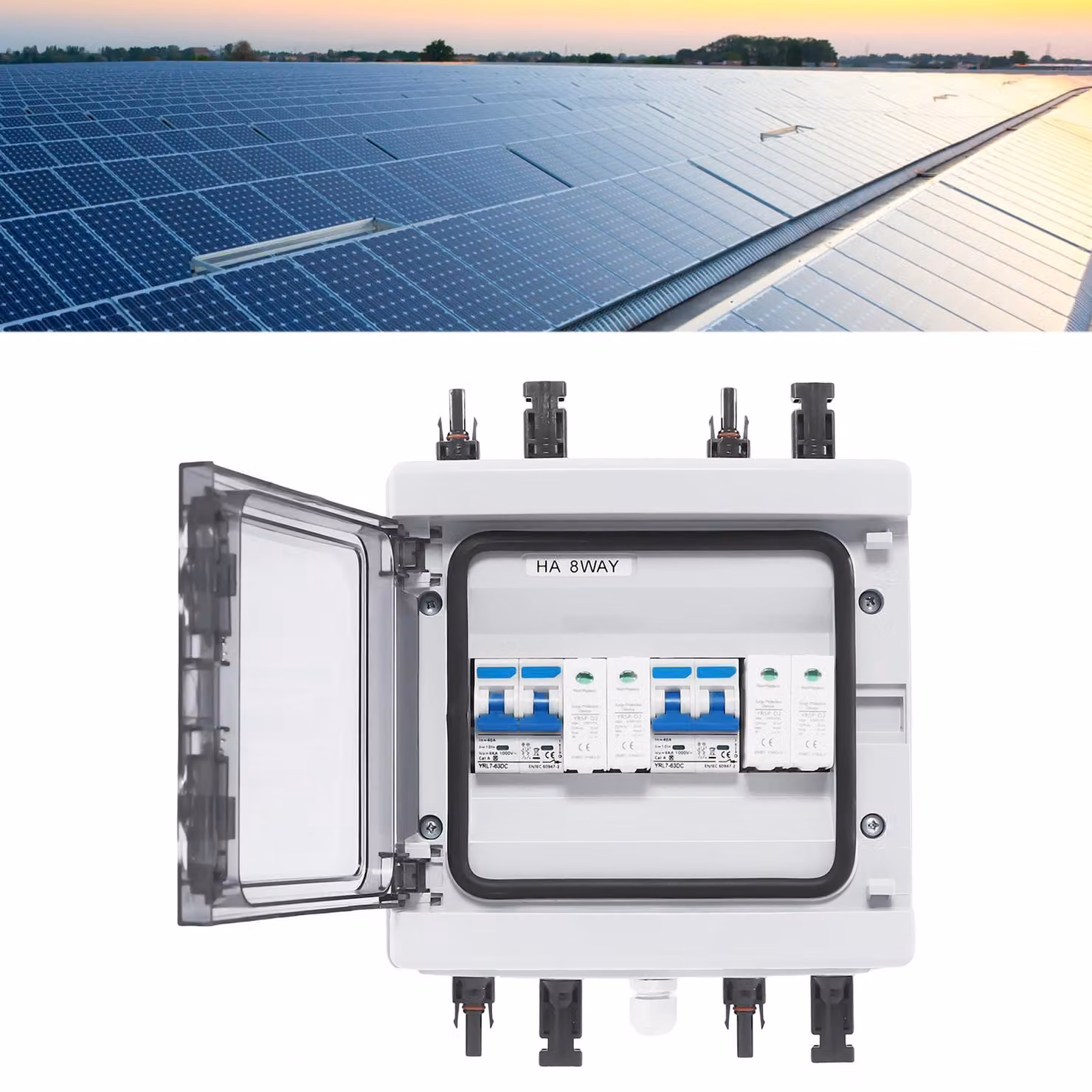 Scatola di combinazione solare 40A - 2 ingressi, 2 uscite - Grado di protezione IP65 - Materiale: PC ABS