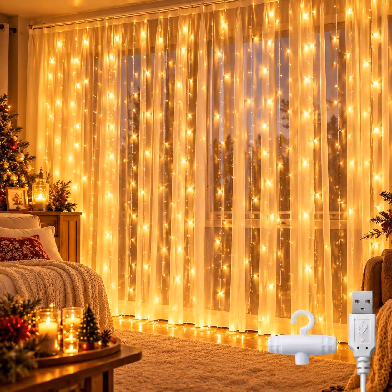 Tenda luminosa a LED - 2 x 2 metri, luce calda, 200 LED, connessione USB, per uso interno