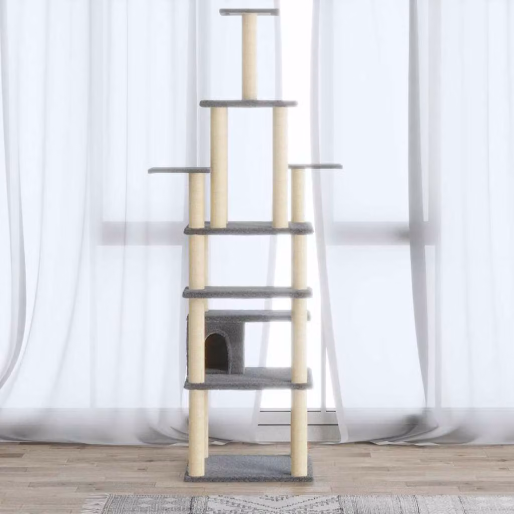 Albero per gatti vidaXL con tiragraffi in sisal e legno, colore grigio, Altezza: 183 cm