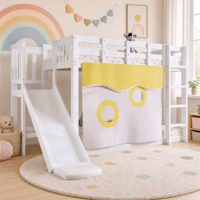 Letto a soppalco 90x200 cm bianco – con scivolo, senza materasso