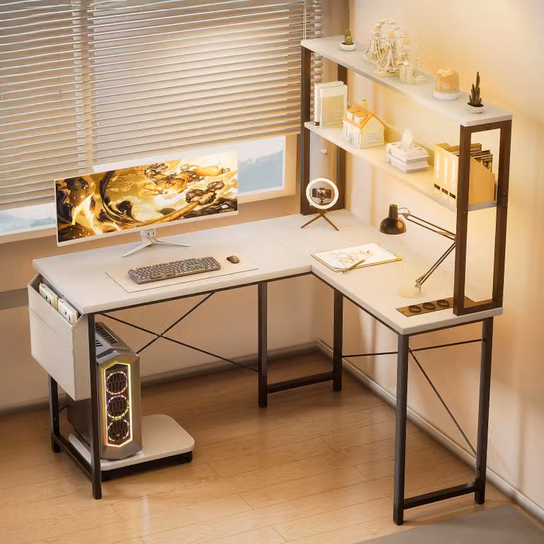 AIORBER Scrivania da gioco a L 148 cm con illuminazione a LED Porte USB Scrivania per computer ad angolo Scrivania per ufficio con ripiano e portaoggetti Bianco