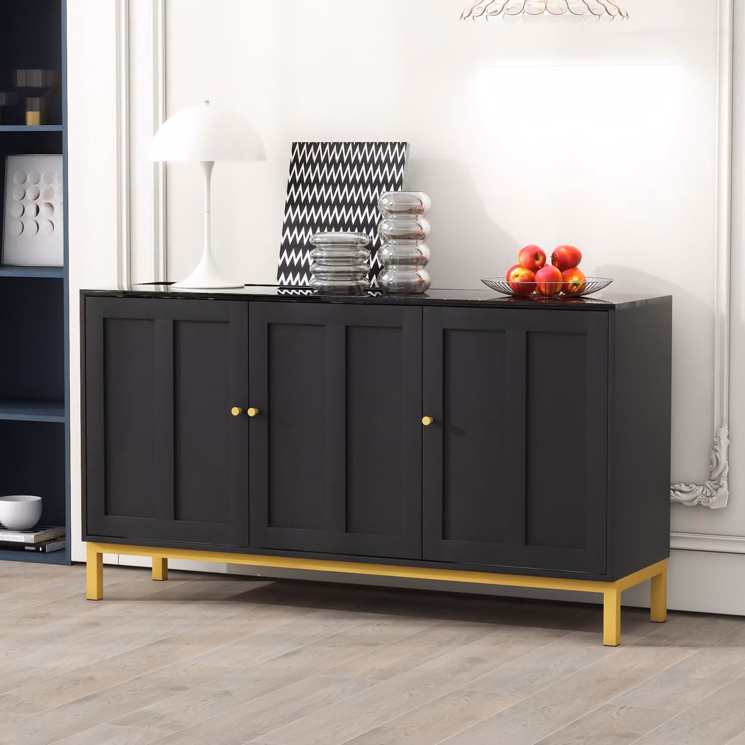 Credenza Flieks a 3 ante, mobile da soggiorno con ripiani regolabili, credenza con piano in marmo, 140x39,8x78,2 cm, nero