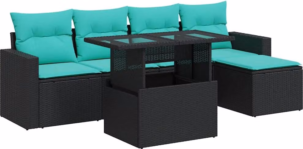 Set Divano da Giardino 6 pz con Cuscini Nero Polyrattan Acacia