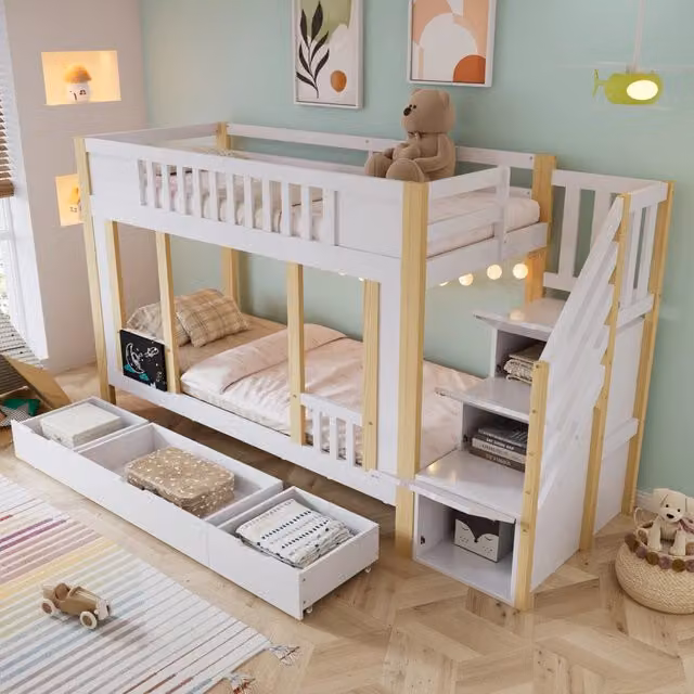 Letto a castello per bambini WISHDOR con struttura a casetta, scala contenitore, 3 cassetti e lavagnetta, Bianco e Beige, L/P/H: 200 x 90 x 150 cm