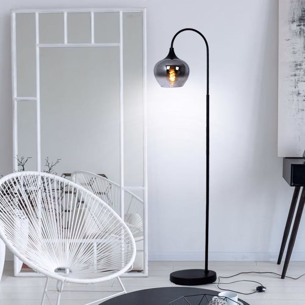 Lampada da terra, ad arco, vetro fumé, nera, altezza 150 cm