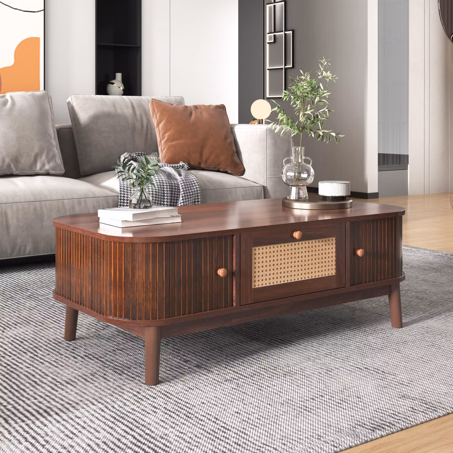 Tavolino in rattan, tavolino con cassetti e ante pieghevoli in legno massiccio, gambe in legno massiccio 110 L x 55 L x 38,5 H (cm), bianco