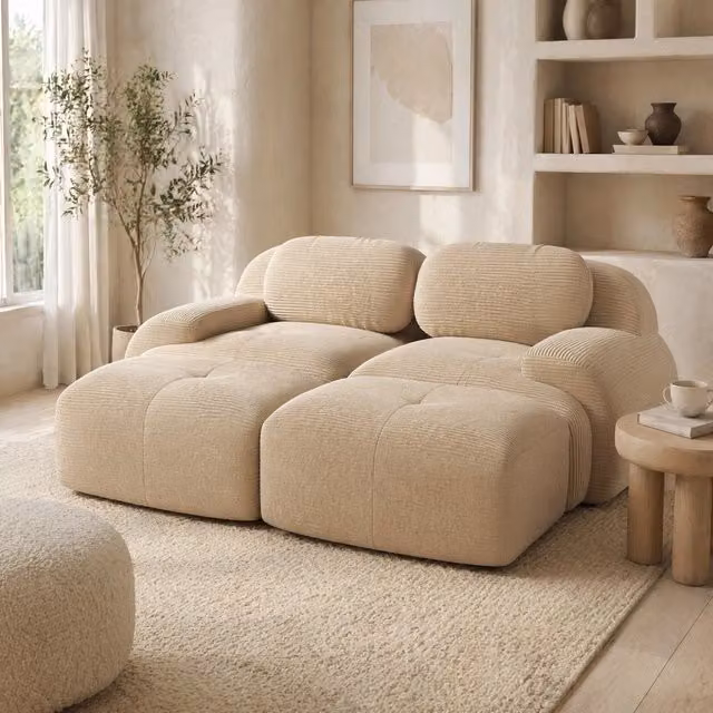 Divano angolare modulare in velluto a coste beige 208x178x70 cm; senza telaio
