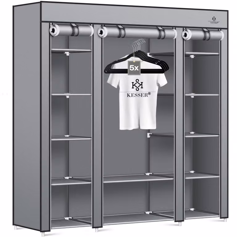 Armadio in tessuto KESSER® Stabil con asta appendiabiti e ripiani, incl. 5 grucce, armadio pieghevole in tessuto per camera da letto, spogliatoio con appendiabiti 150x45x175 cm