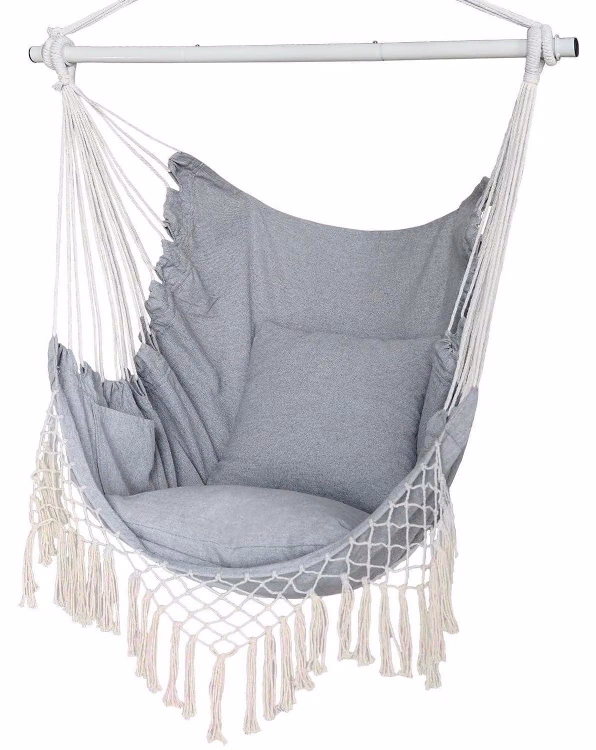 Sedia a dondolo sospesa, dimensioni 110 x 150 cm, colore grigio, con tasca laterale e cuscino, capacità di carico fino a 150 kg