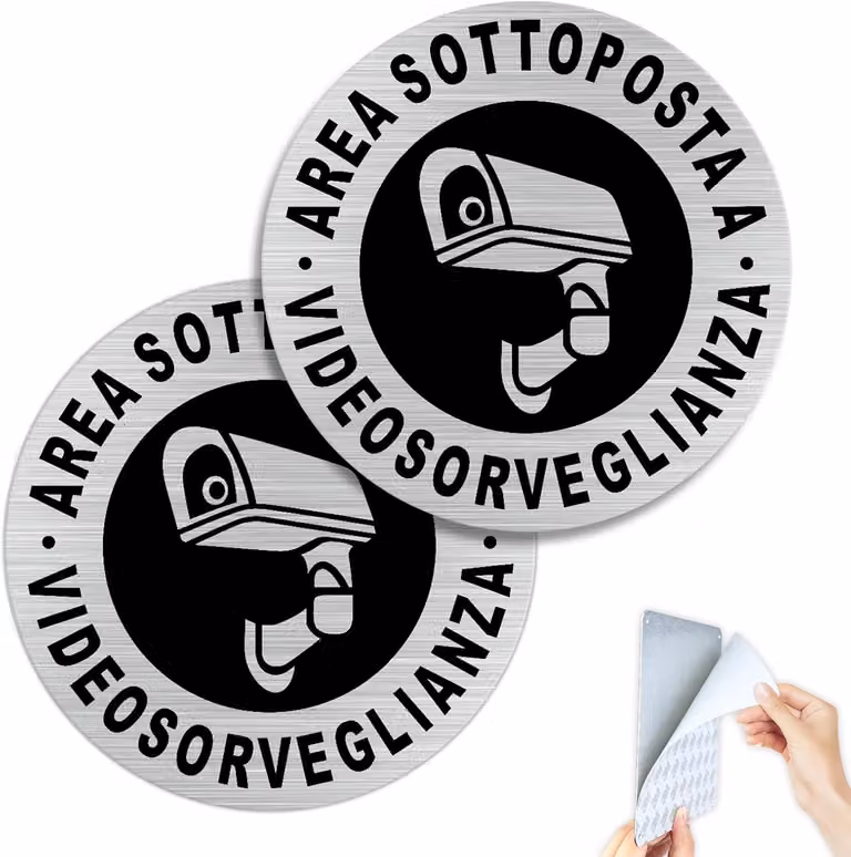 Adesivi di sicurezza in alluminio, "Videosorveglianza", diametro 10 cm, confezione da 2 pezzi, adatti per interni ed esterni