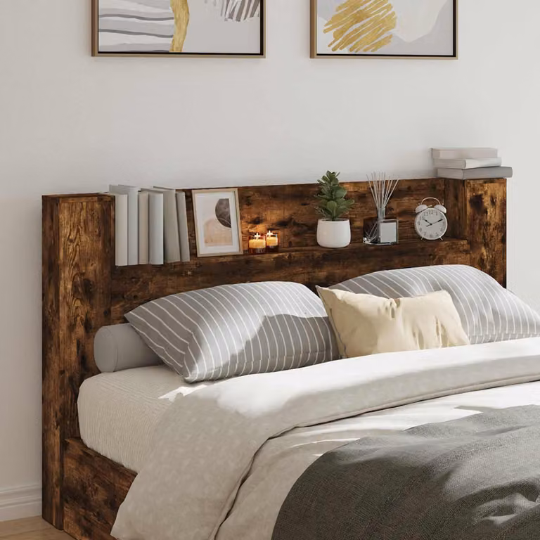 Testata del letto con mobile e illuminazione LED vidaXL in legno color quercia affumicata, L: 180 cm, H: 103,5 cm, P: 22,79 cm