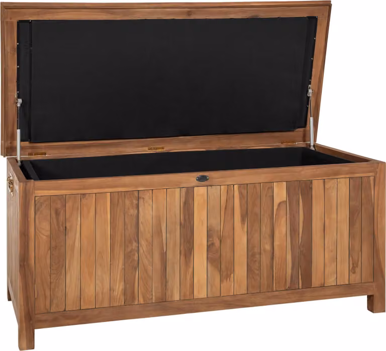 Contenitore imbottito in legno di teak, dotato di pistoni a gas e rivestimento interno resistente all'acqua