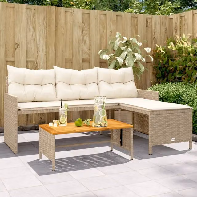 Divano da Giardino con Tavolo e Cuscini a L-Sofa da Giardino-Divano da esterno Beige in Polyrattan 100252