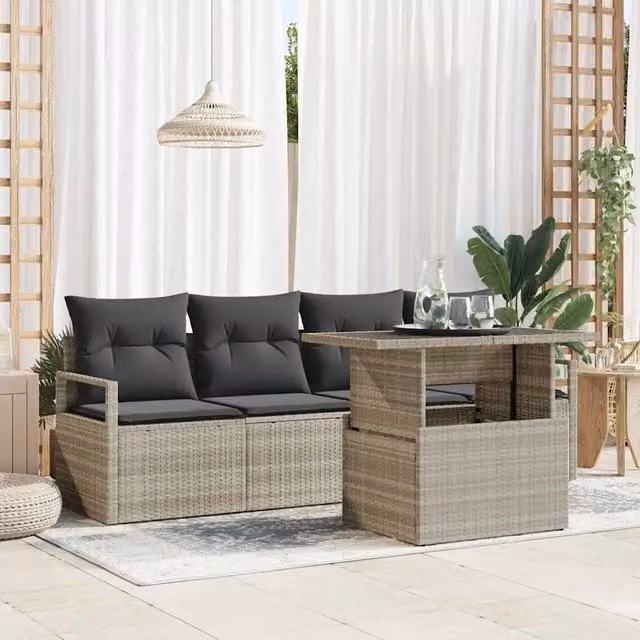 Set Divano da Giardino 5 Pezzi vidaXL Grigio con Tavolino e Cuscini in Polyrattan e Metallo – 1