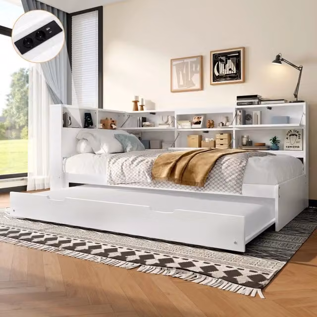 Letto singolo bianco 90x200 cm; letto da giorno con letto estraibile e contenitore