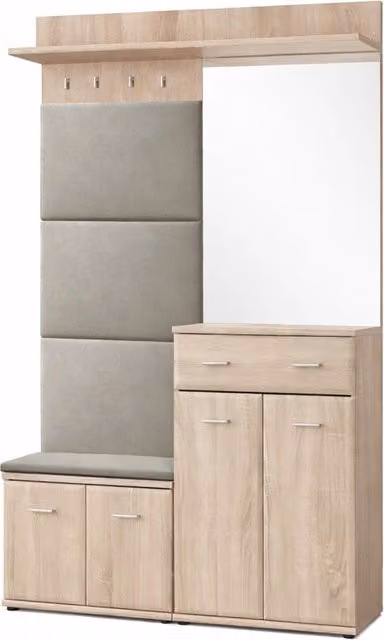 Mobile Ingresso Scarpiera Appendiabiti Imbottito Set Entrata Anta Specchio Vani Guardaroba Ganci Mobiletto Contenitore Multifunzione Salvaspazio Corridoio Casa Design Moderno 120 x 32 x 203 Cm Rovere
