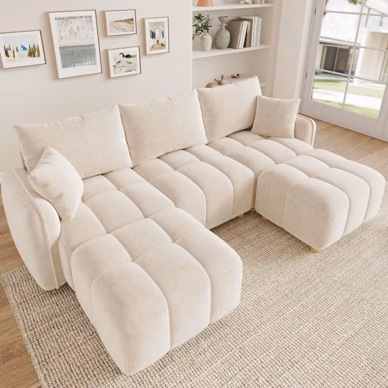 Divano angolare modulare Merax a forma L/U, divano componibile "Cloud" per 5 persone, con 2 poggiapiedi, divano in velluto con cuscini, braccioli ampi, divano per soggiorno, color beige
