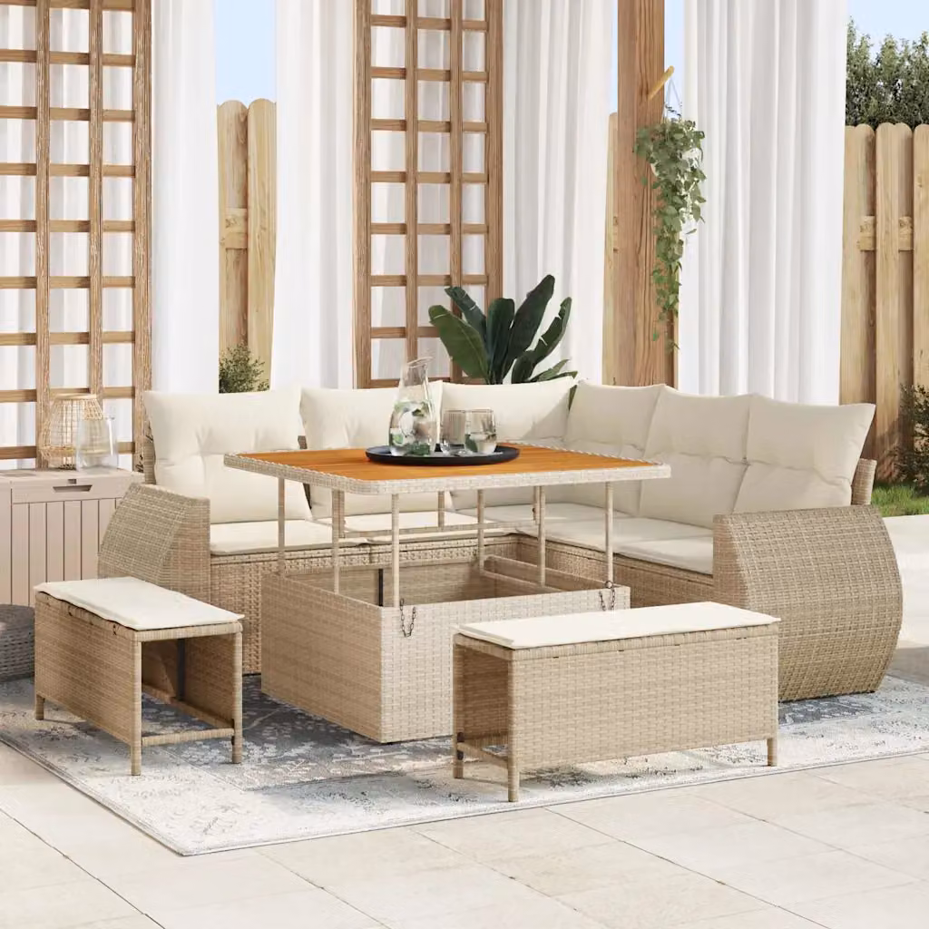 Set Divano da Giardino vidaXL 8 Pezzi Beige con Cuscini e Tavolino in Polyrattan e Acciaio – 1