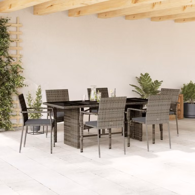 Set da Pranzo da Giardino vidaXL in Polyrattan Grigio con Cuscini e Tavolo in Vetro, 7 Pezzi