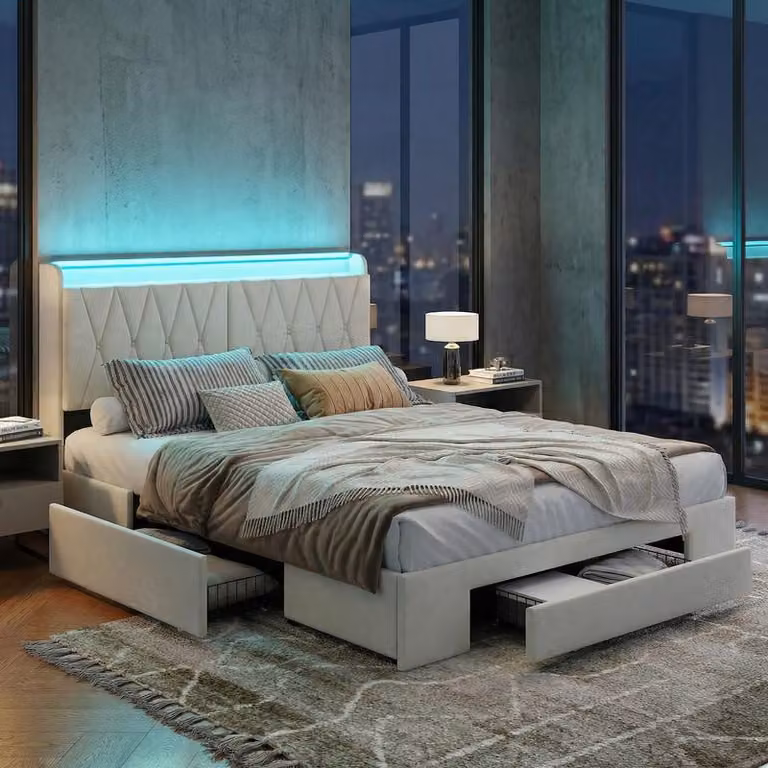 Letto matrimoniale ProximaX 140x200 cm, velluto beige, 4 cassetti, testiera con vano portaoggetti, illuminazione a LED RGB, stazione di ricarica UE