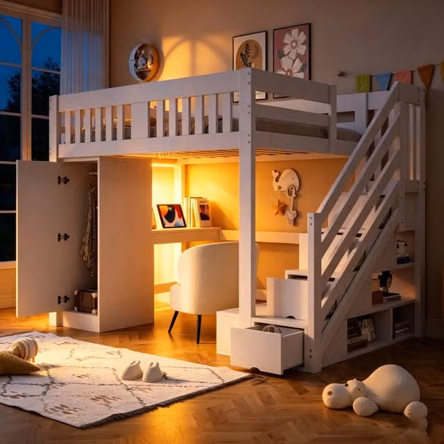 Letto a soppalco MIVRAY in legno bianco con scrivania, scala contenitore e illuminazione LED multicolore, L/P: 140 x 200 cm