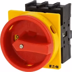 Interruttore principale Eaton, P1, 32 A, incorporato, a 3 poli, funzione ARRESTO DI EMERGENZA, con manopola rossa e anello di bloccaggio giallo 110198