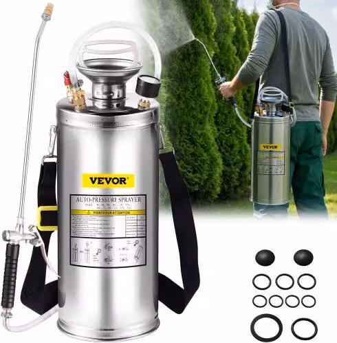 Spruzzatore manuale a pressione VEVOR in acciaio inossidabile argento da 8L per giardinaggio e pulizia