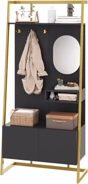 Mobile da ingresso moderno nero con specchio, ganci in metallo e scarpiera in MDF con ante soft-close