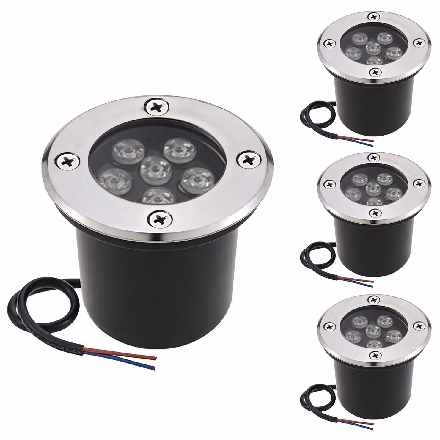 4 faretti a LED da incasso per pavimento, 6W, bianco freddo, grado di protezione IP67, resistenti a carichi fino a 800 kg, forma circolare
