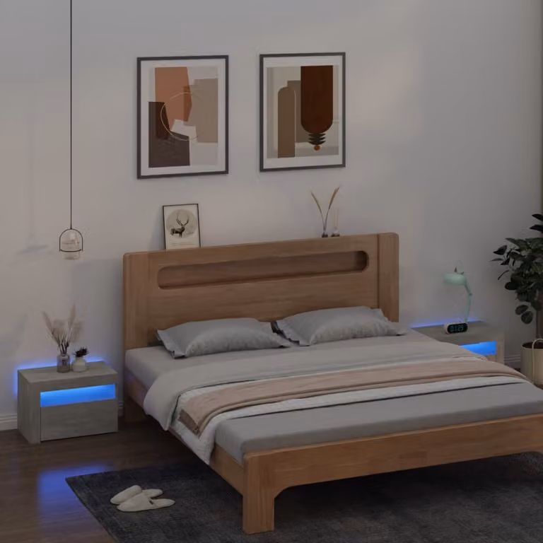Set di 2 comodini moderni vidaXL con luci LED integrate e porta USB, colore grigio cemento, L: 60 cm, P: 35 cm, H: 40 cm