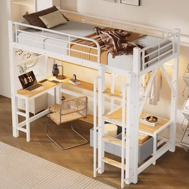 Letto a soppalco 90x200 cm con scrivania; ripiani; LED e USB; metallo e MDF; bianco