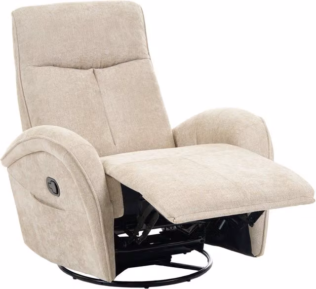 Poltrona reclinabile beige chiaro, rivestita in ciniglia, con schienale regolabile rotazione a 360°, dotata di poggiapiedi estraibile, in stile moderno