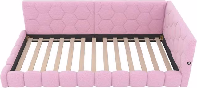 Letto singolo moderno in velluto rosa con illuminazione LED sottostante e porte di ricarica USB e Type-C, L/P/H: 90 x 200 x 101 cm