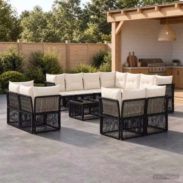 Set Divano da Giardino a L con Tavolino vidaXL, 12 Pezzi, Nero, Polyrattan e Metallo con Cuscini Inclusi – 1