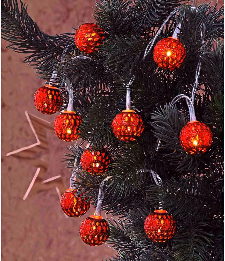 Catena luminosa a LED, colore rosso, con 10 sfere di diametro 2,5 cm, luce bianco caldo, alimentata a batteria. Decorazione natalizia orientale, a batteria