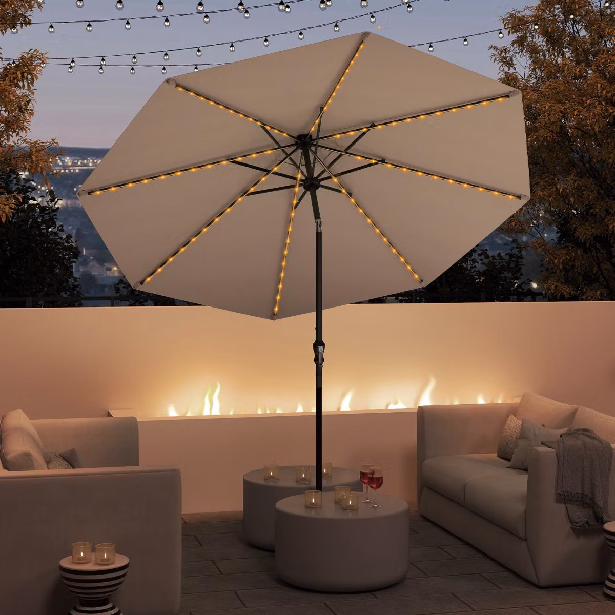 Ombrellone da patio Costway 3M con 96 luci LED e 9 modalità, parasole per giardino e spiaggia, Marrone e Bianco