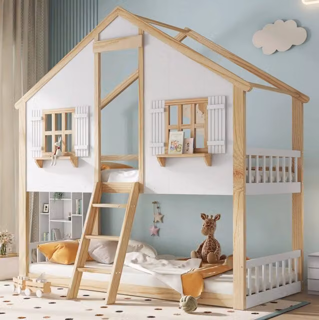 Letto a castello per bambini 90x200 cm bianco naturale con tetto, finestre e scala