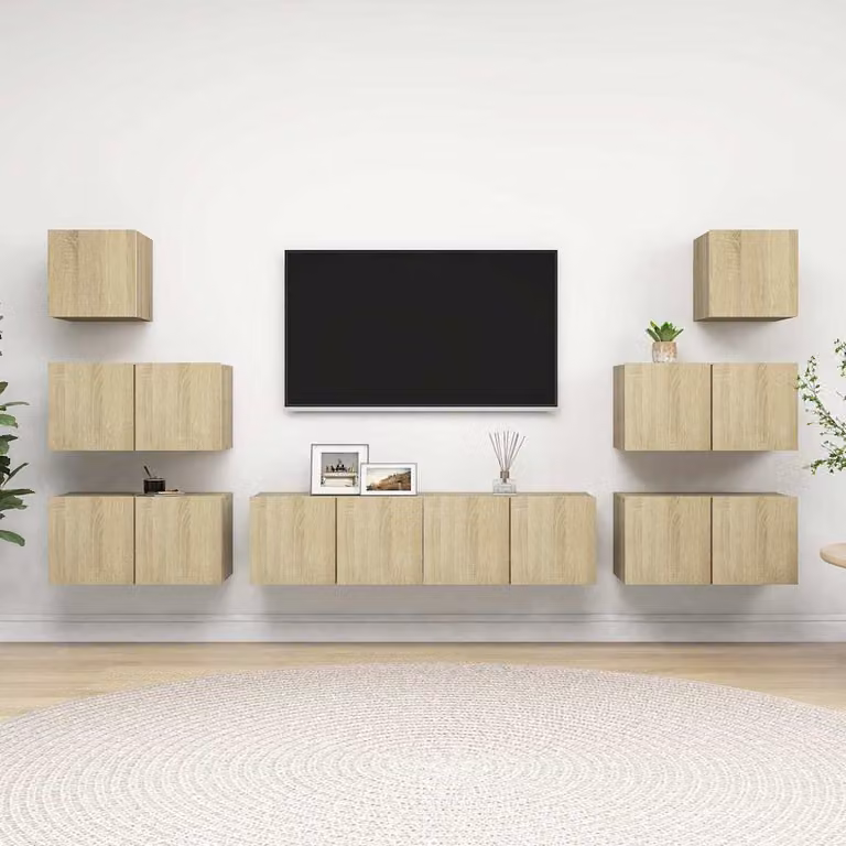 Set di mobili porta TV moderno vidaXL composto da 8 pezzi in legno multistrato e MDF, colore rovere sonoma beige e marrone
