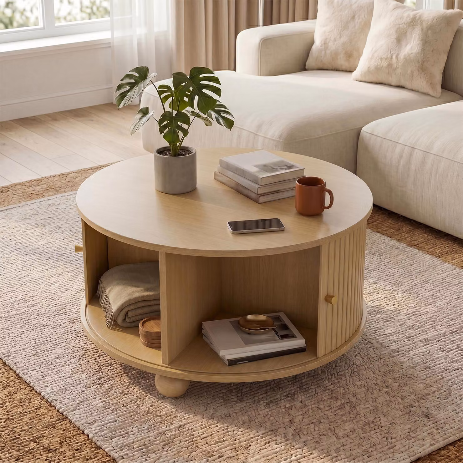 Tavolino rotondo Merax con ante scorrevoli e 4 scomparti, tavolino da salotto in MDF, tavolino con vano portaoggetti e gambe in metallo, design retrò, finitura naturale