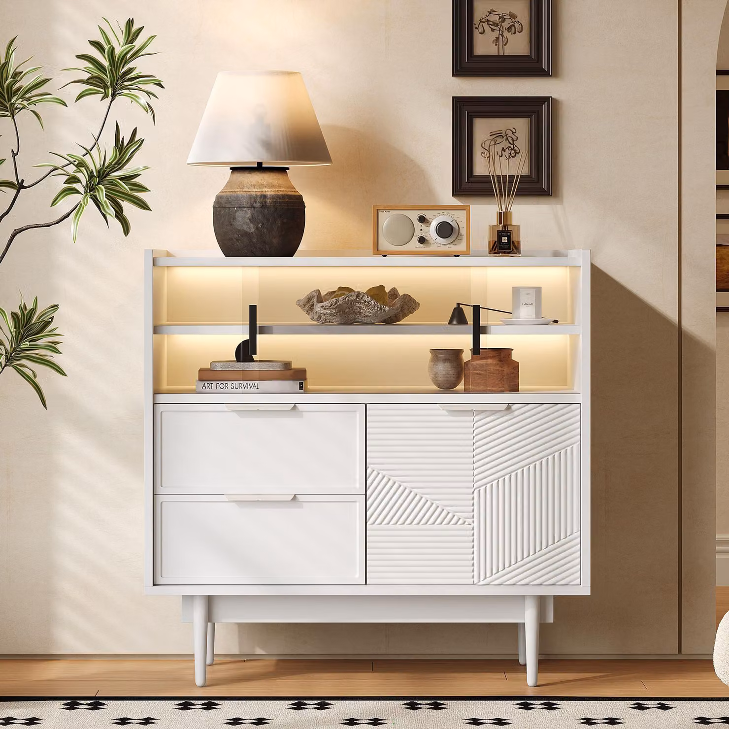 Cassettiera Merax con LED, anta in vetro, 2 cassetti, mobile contenitore da 80 cm, vani a giorno, design moderno, mobile da bagno, bianco