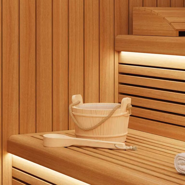 Set di 2 secchi con mestolo per sauna vidaXL in legno di pino e canapa, colore marrone e beige