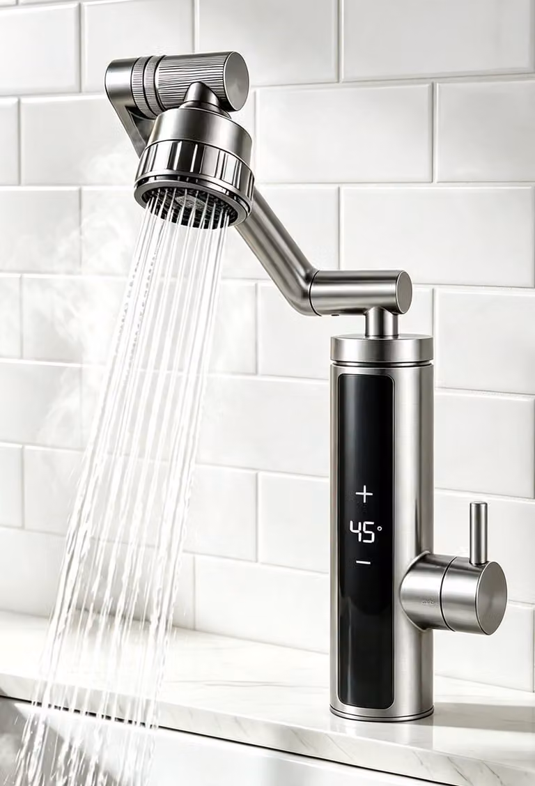 Rubinetto elettrico per acqua calda, 230 V, acciaio inossidabile, display digitale, rotazione a 360°