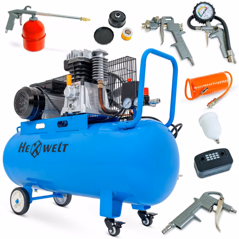 Compressore ad aria lubrificato a olio HEXWELT 100 L 2200 W 8 bar 370 l/min monocilindrico con kit di accessori