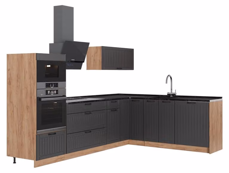 Cucina angolare completa Vicco Fame-Line Grigio scuro/Rovere dorato 287 x 207 cm, PL Antracite, Model 63497